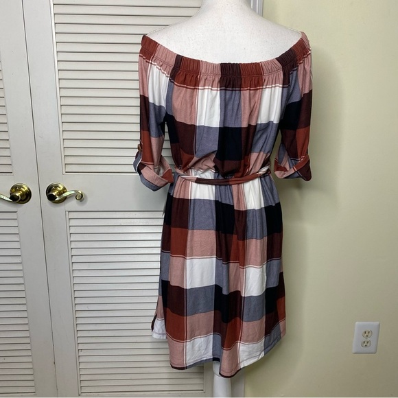 J for Justify Dress Off-Shoulder Plaid Mini Dress Women Belted Size Large - Picture 3 of 11